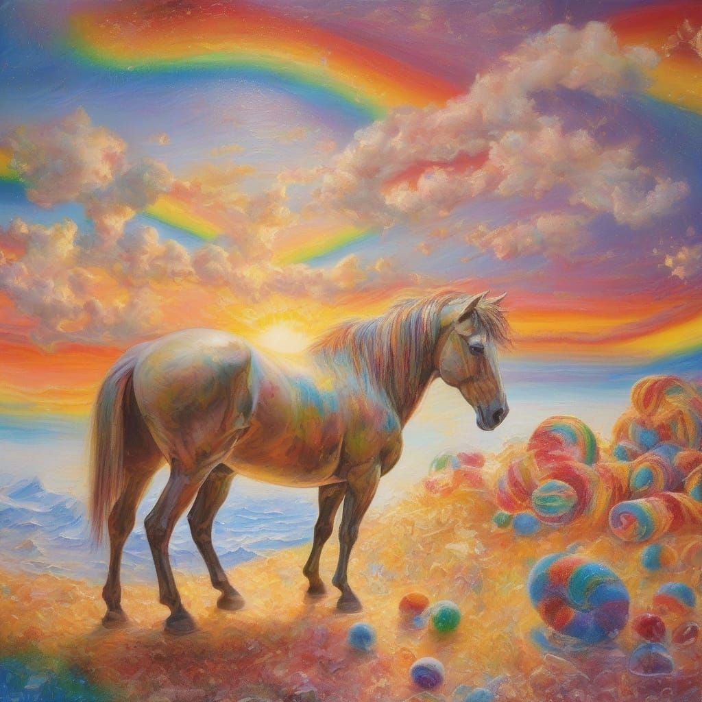 Surreal Candy World with Horse, Donkey, and Candyship