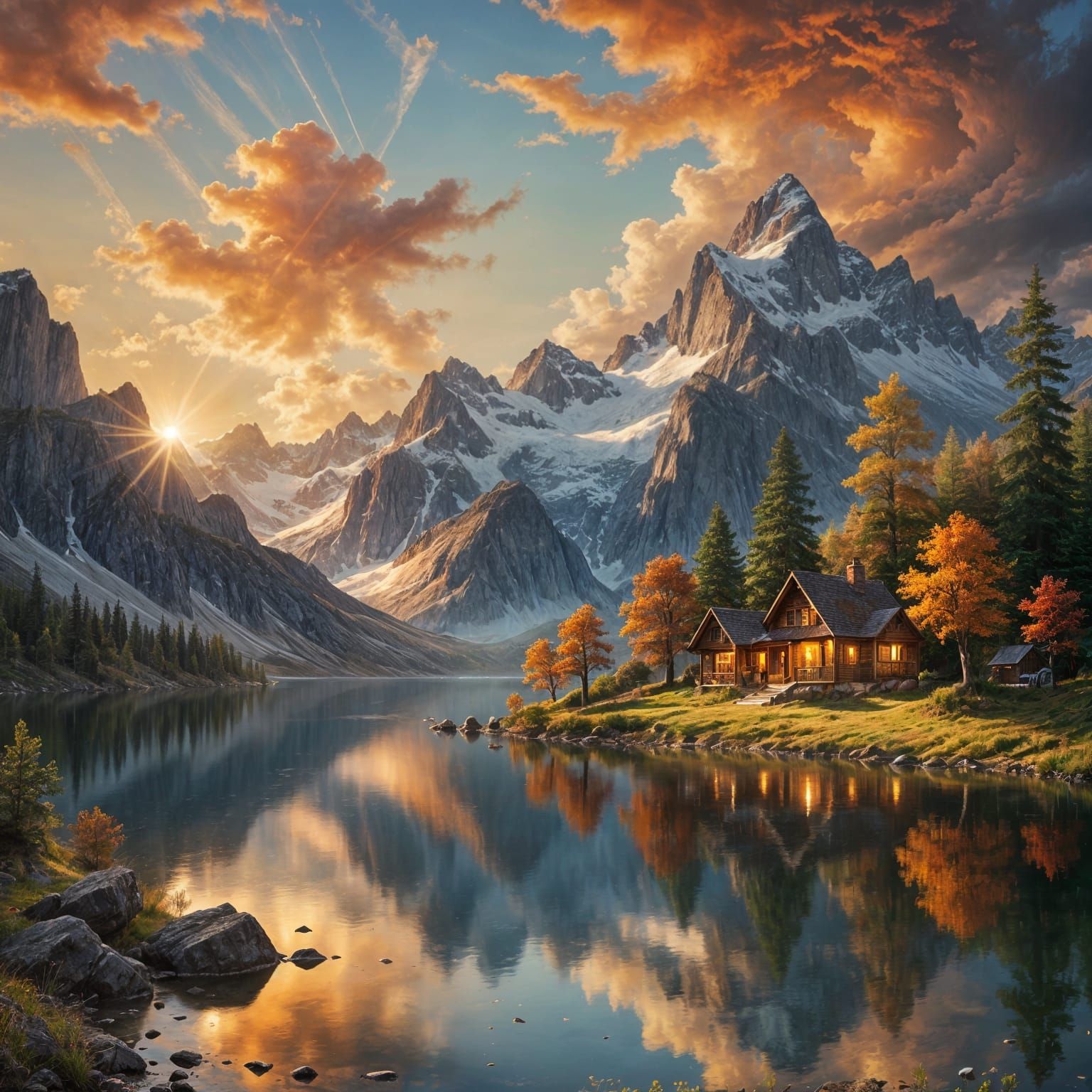 Epic Mountain Village Sunset in Bierstadt Style