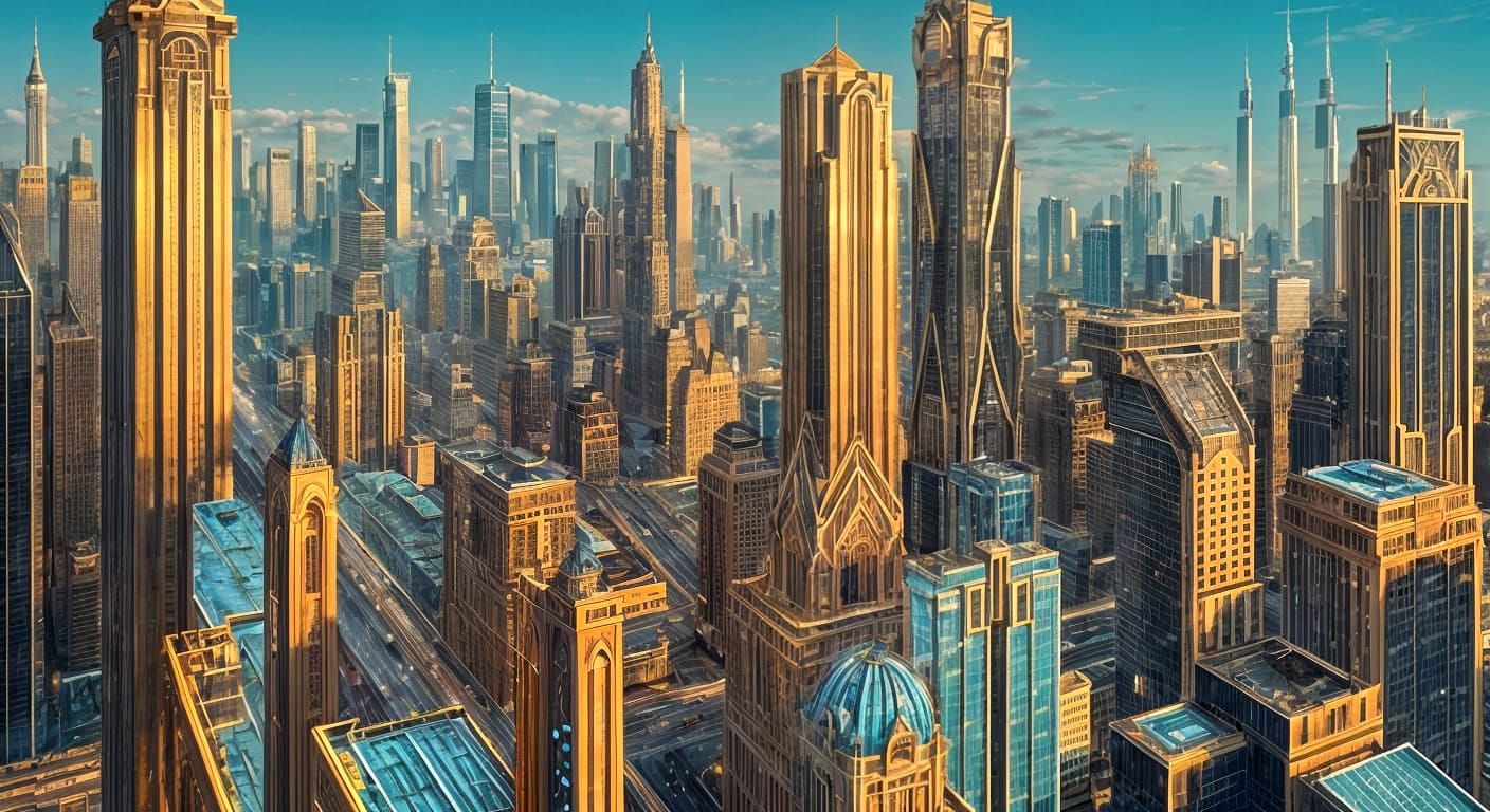 Art Deco Metropolis: Retrofuturist Cityscape in Metallic Lig...