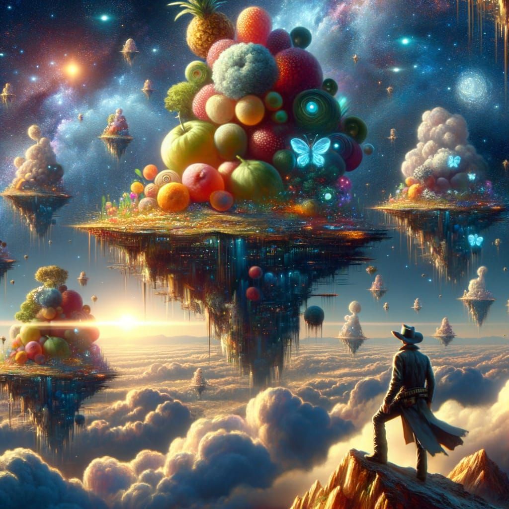 Floating Islands with Glowing Produce and Future Cowboy