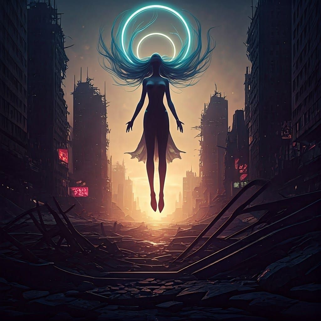 Goddess Over Cyberpunk Ruins: Digital Concept Art