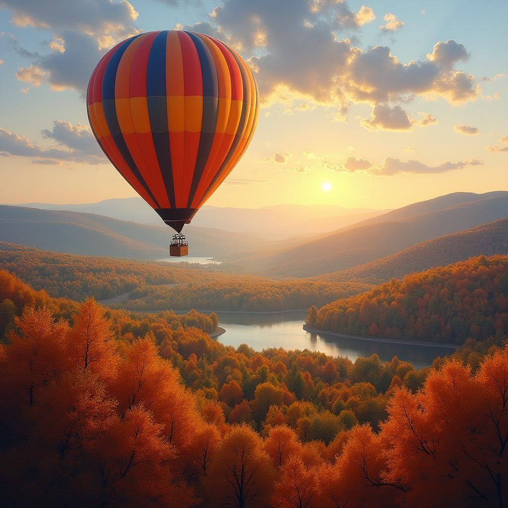 Hot Air Balloon Flight Over Autumn Landscape in Impressionis...