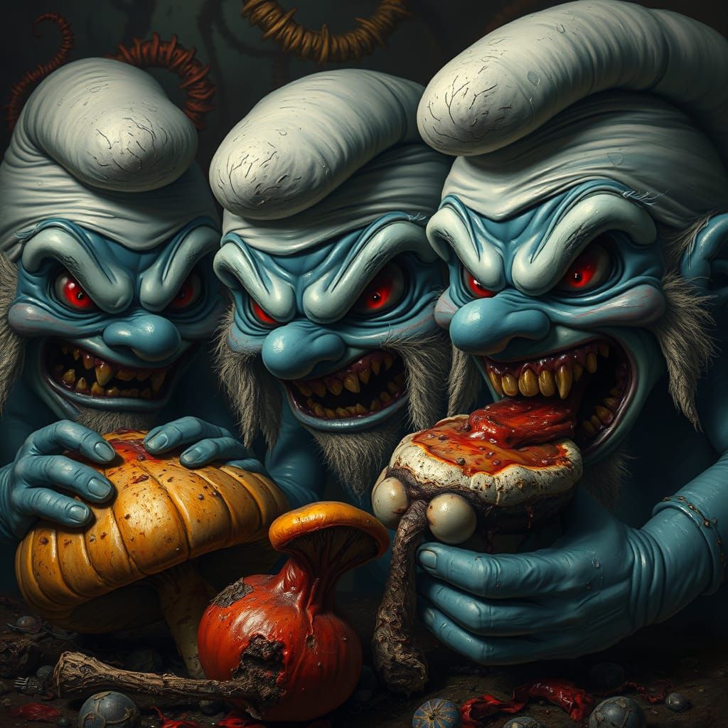 Grotesque Smurfs Feast on Rotting Fungi in a Dark, Surreal L...