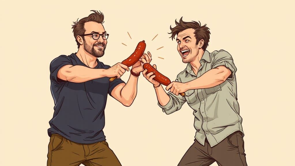 Comedic Cartoon Sausage Duel in Vibrant Colors