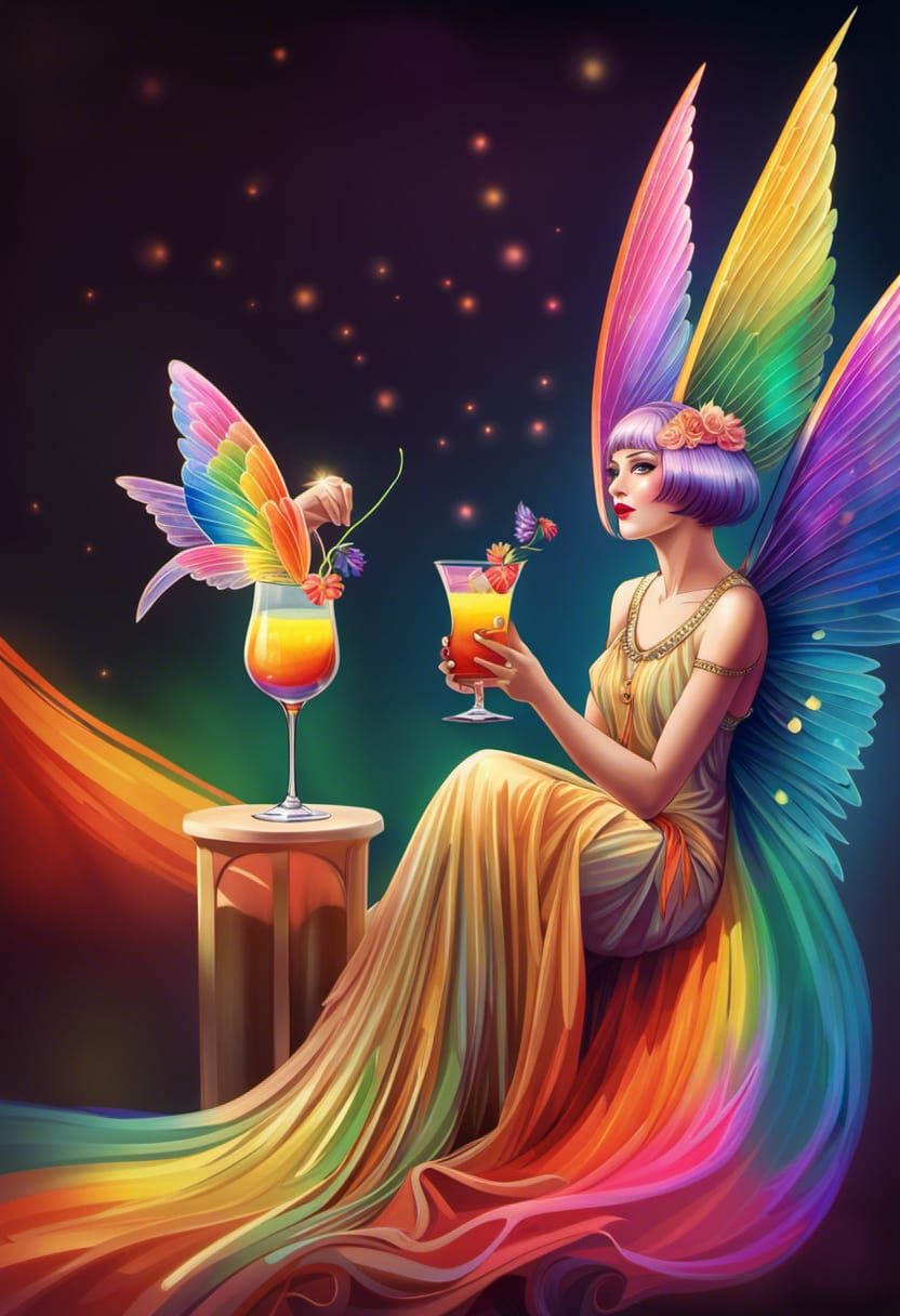 Fairy Flapper with Rainbow Drink in Art Deco Style