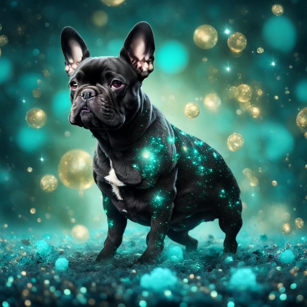 Brindle French Bulldog Surrounded by Turquoise Sparkles