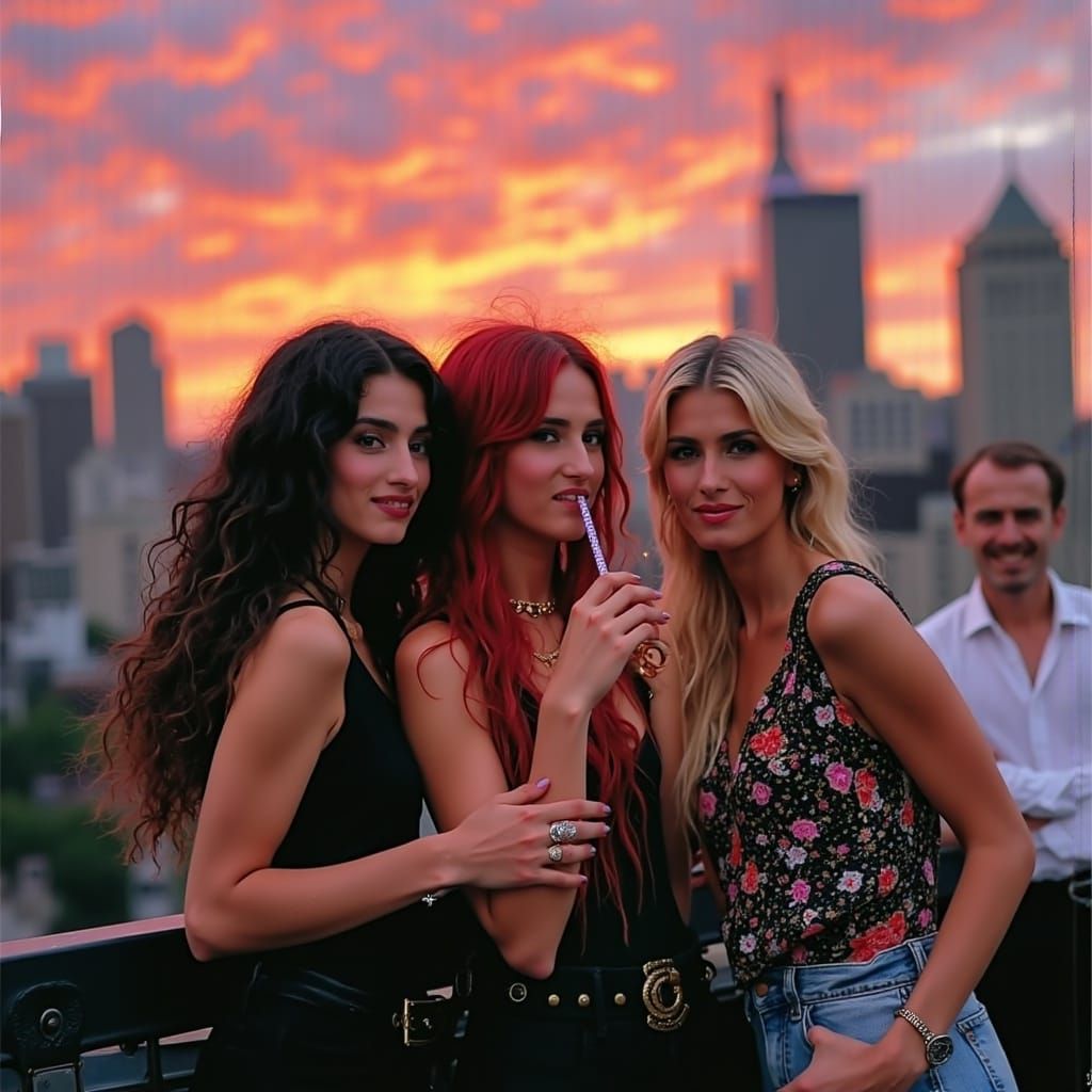Rooftop Selfie with Sunset in Painterly Style