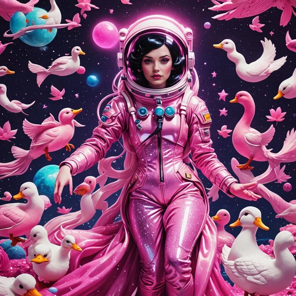 Snow White Mermaid in Space with Cosmonaut Ducks