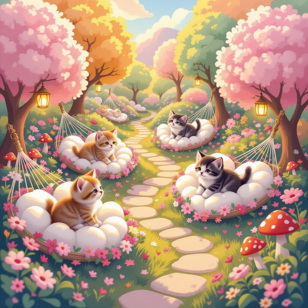 Kitten Sanctuary in Whimsical Pastel Garden