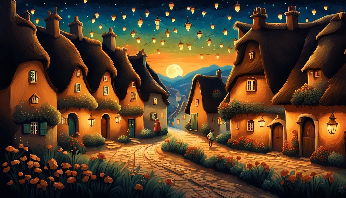 Charming Night Village in Magical Realism Style