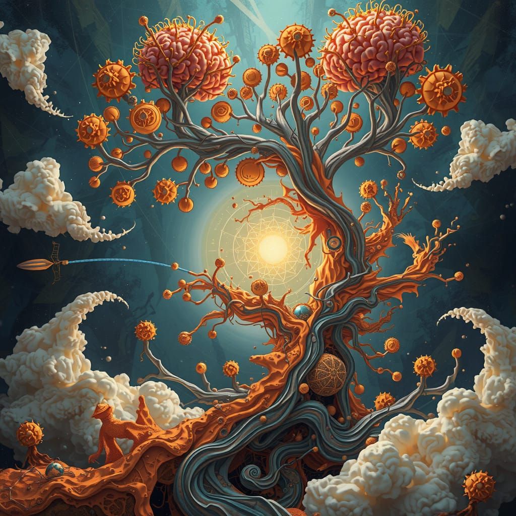 Mystical Brain Tree in Ethereal Landscape