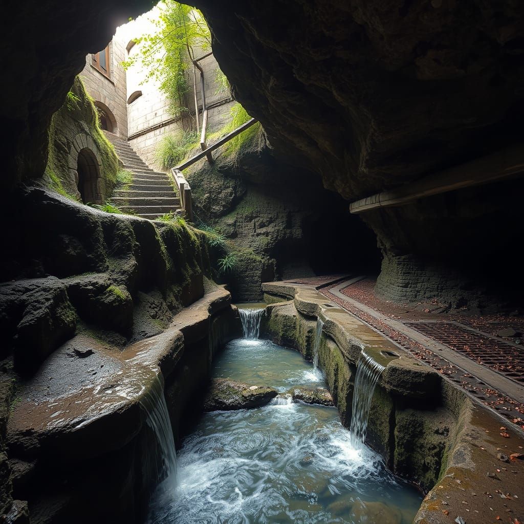 Ancient Underground Sewer System with Waterfalls