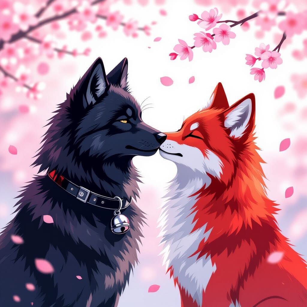 Wolves Kissing in Anime Style with Cherry Blossoms