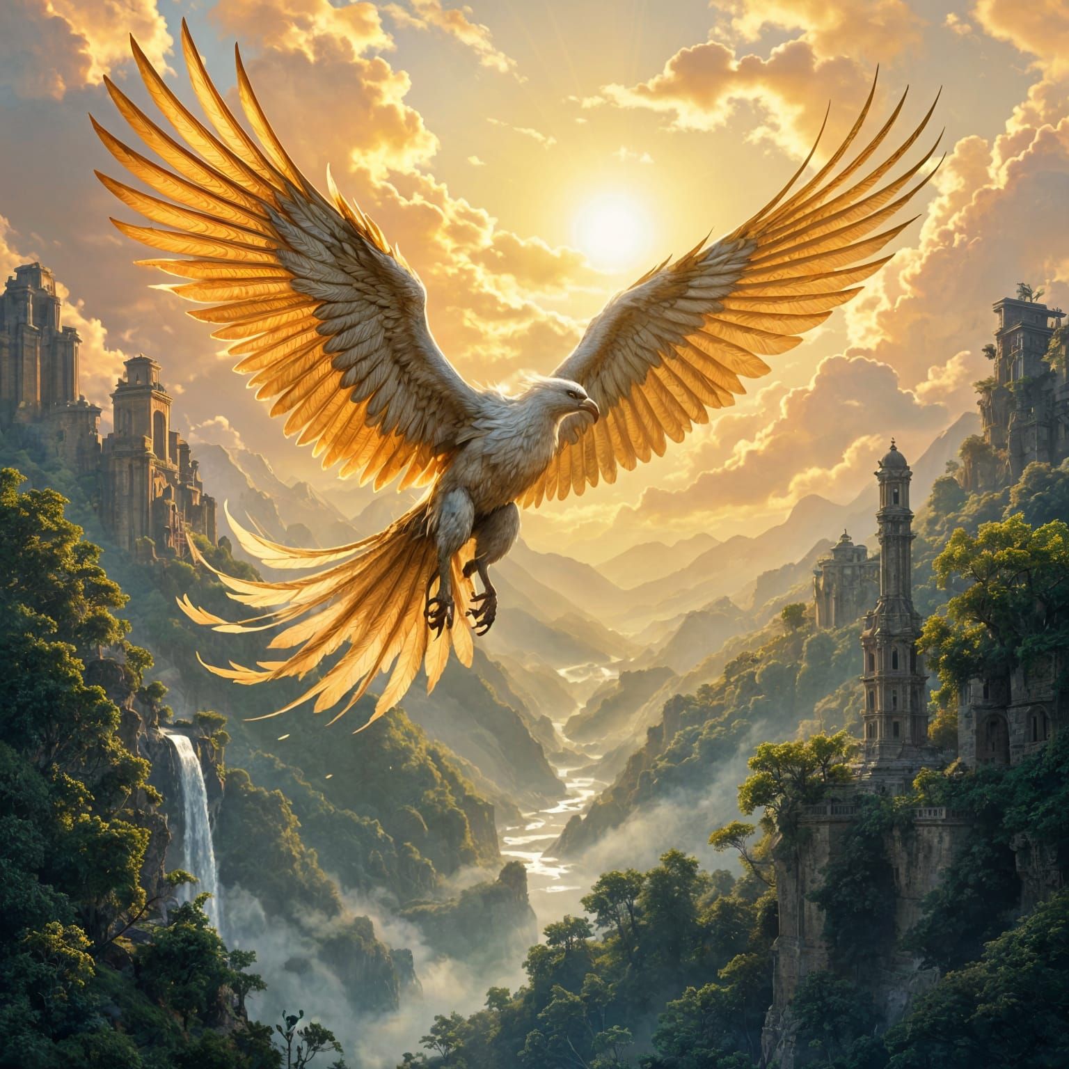 Griffin Soaring Over Ancient Forest: Digital Art Nouveau