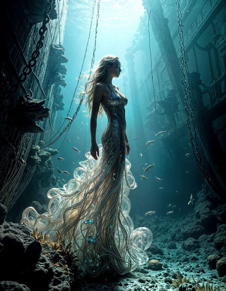 Reflective Metallic Woman Emerges from Undersea Swirls