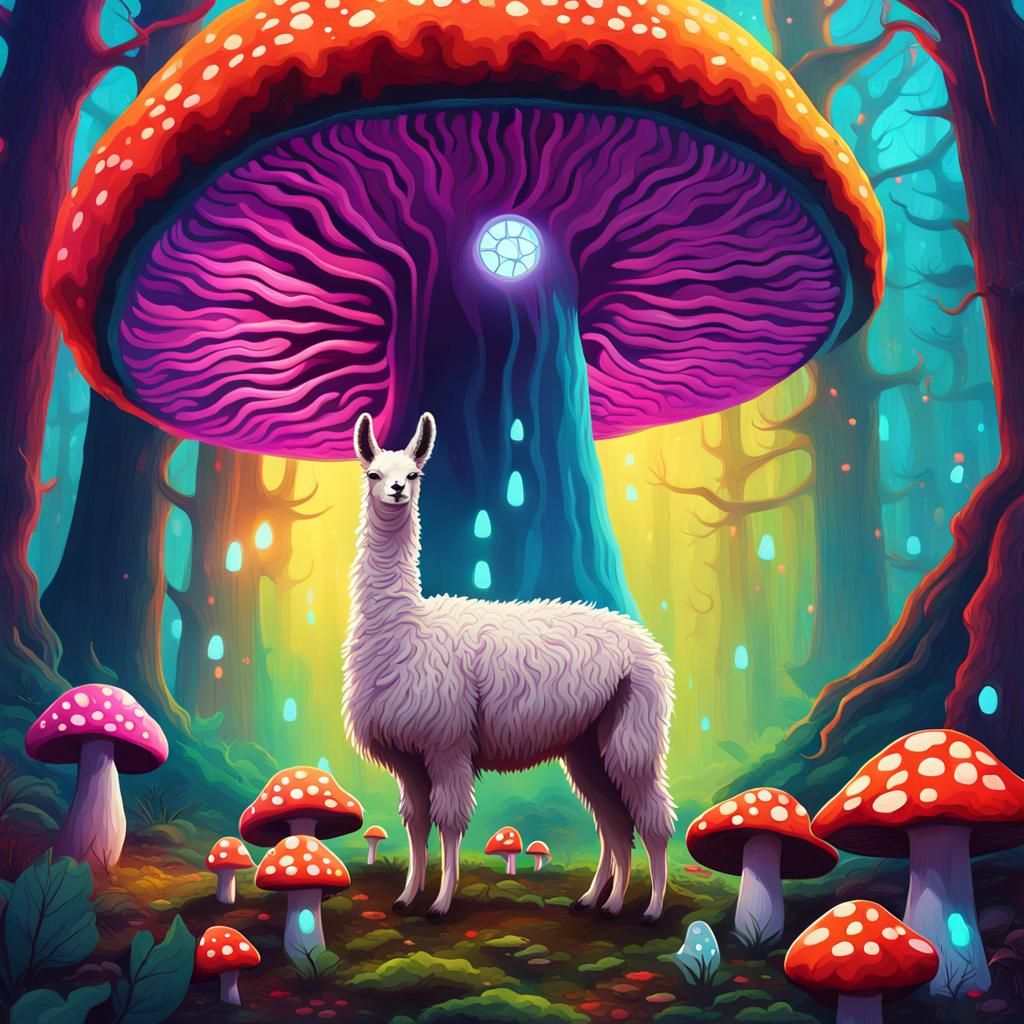 Llama Meditating in Mystical Mushroom Forest