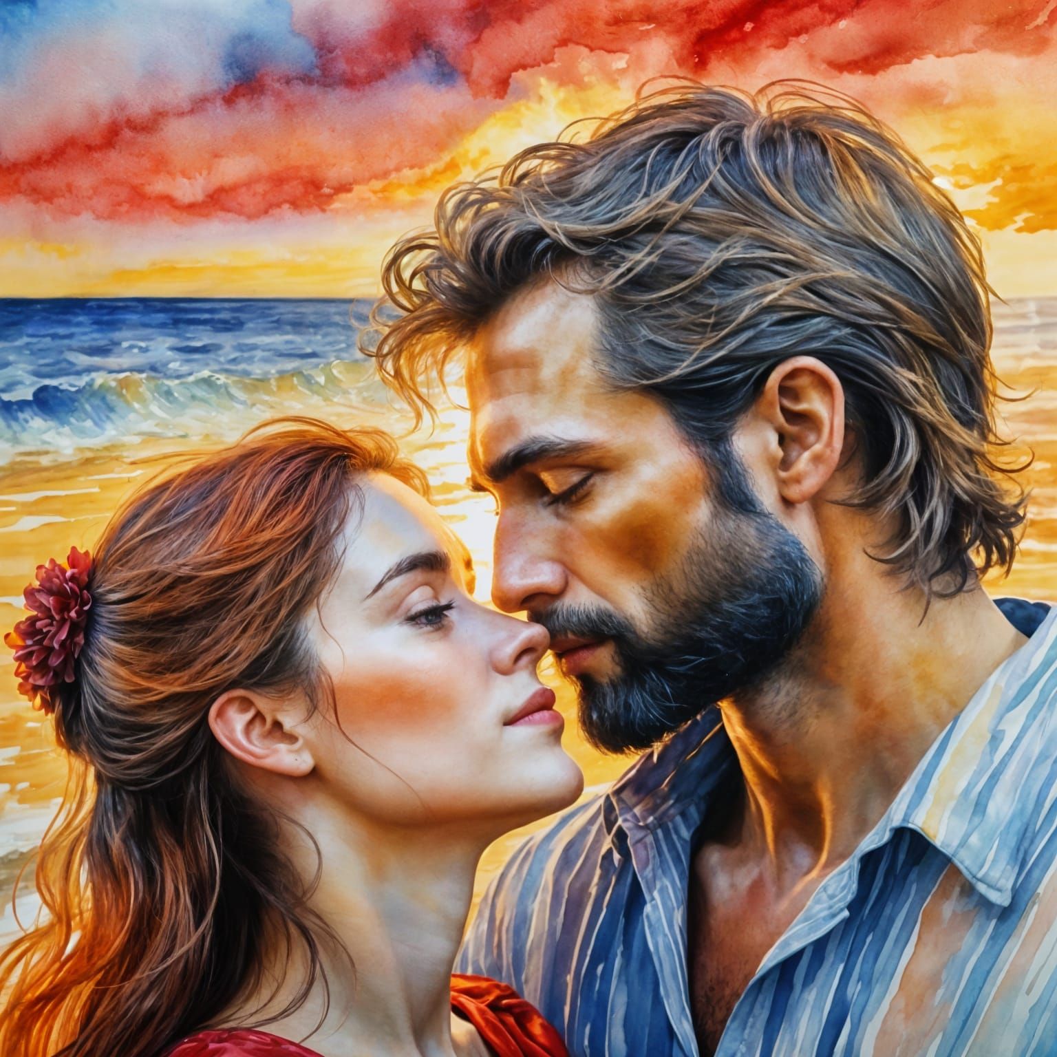 Romantic Beach Sunset in Impressionist Style