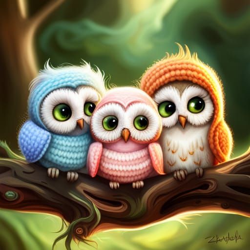 Colorful Owls Around Campfire: Digital Art