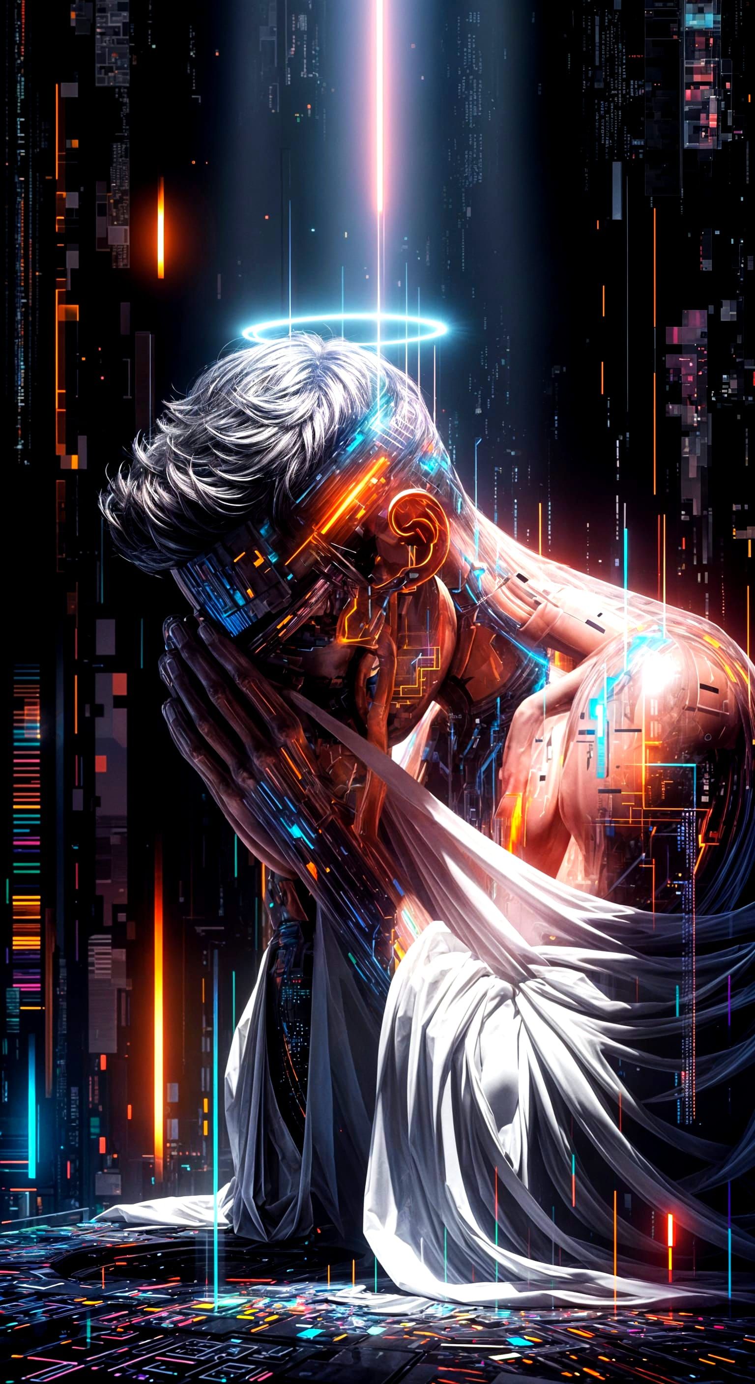 Contemplative Man with Glitch Art Portrait