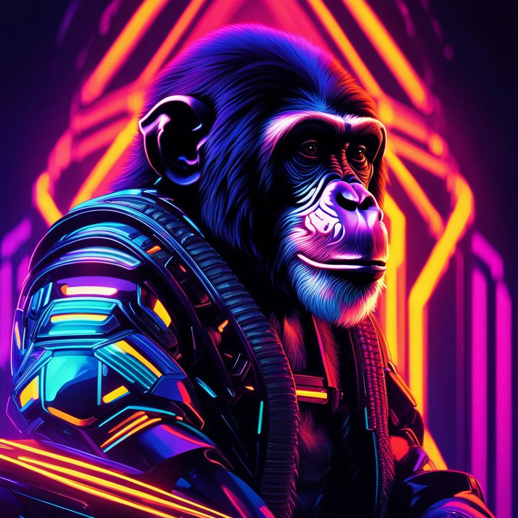 Fluorescent Chimpanzee on a Glowing Throne in Neon Art