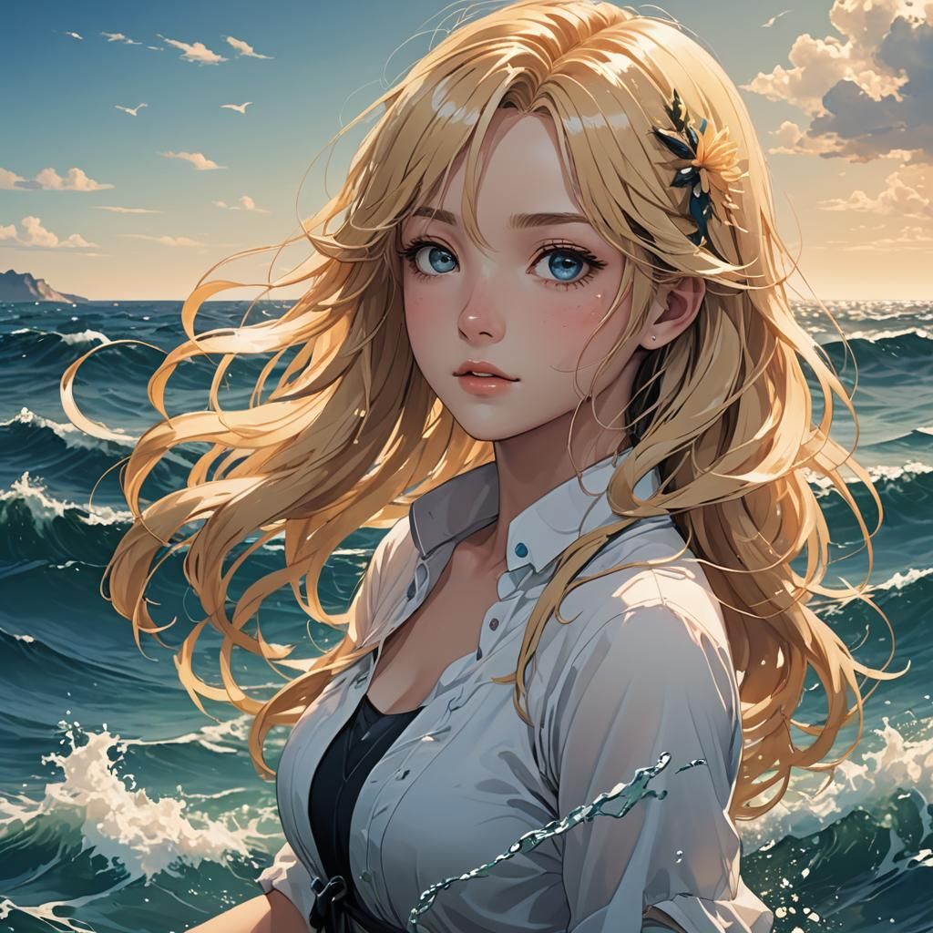 Anime Girl with Blond Hair in the Sea