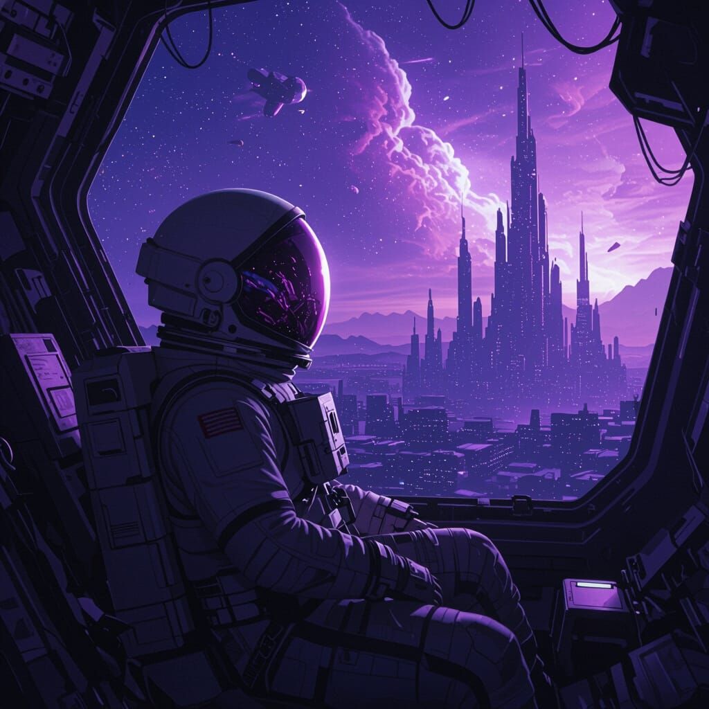 Astronaut Adrift in Nebula Reflecting Alien Cityscape