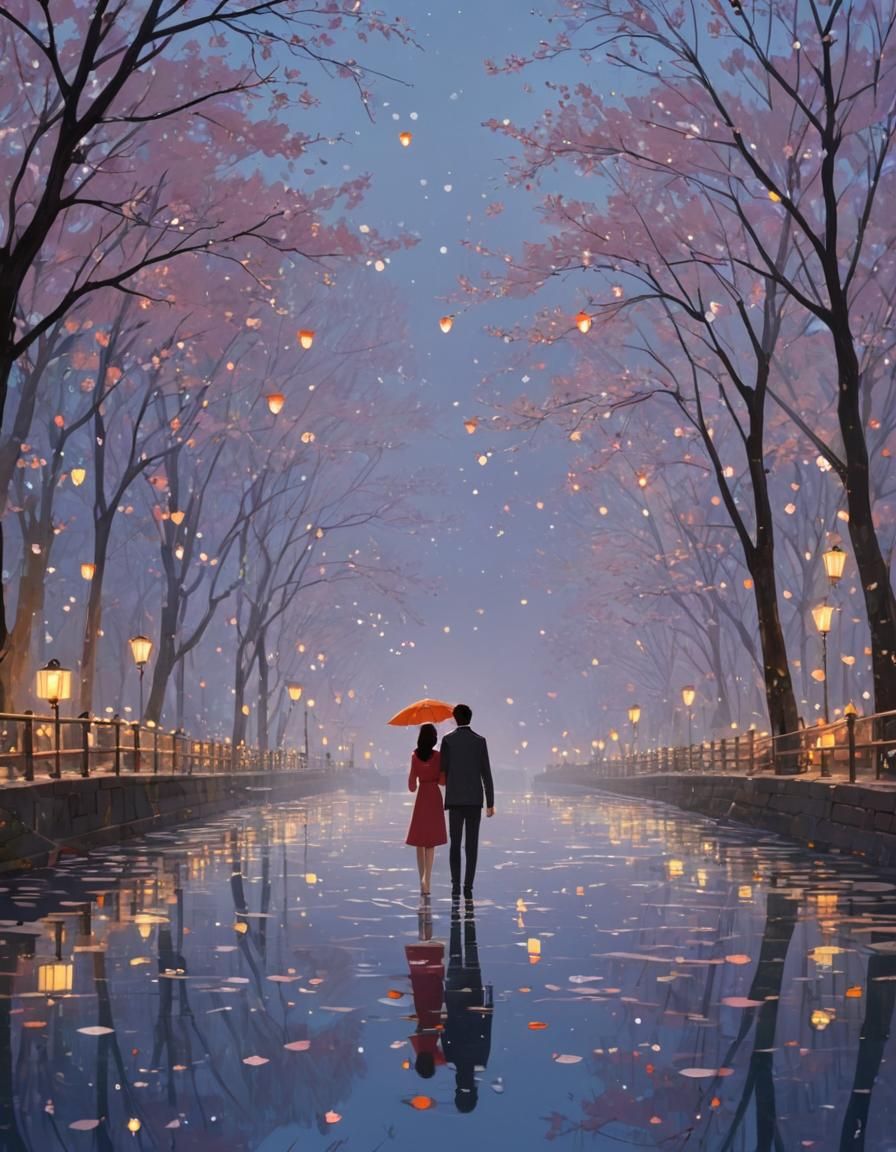 Whimsical Digital Illustration with Lanterns and Blossoms