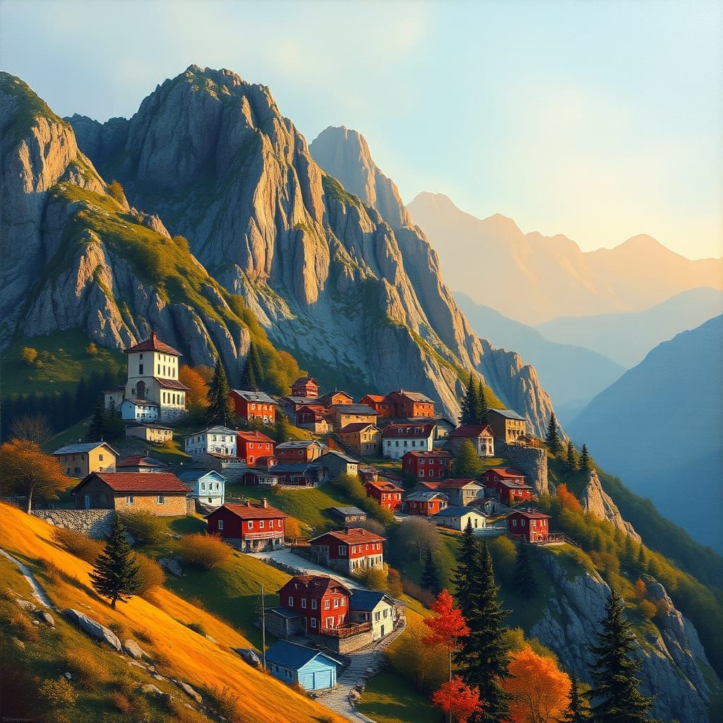 Mountain Village Glowing in Morning Light: Abstract Art