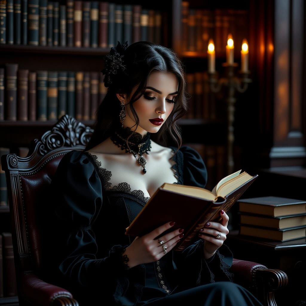 Gothic Woman Reading in Library, Photorealistic Portrait