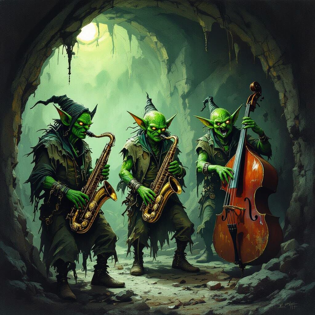 Goblins Play Jazz Instruments Emerging From Dark Caves