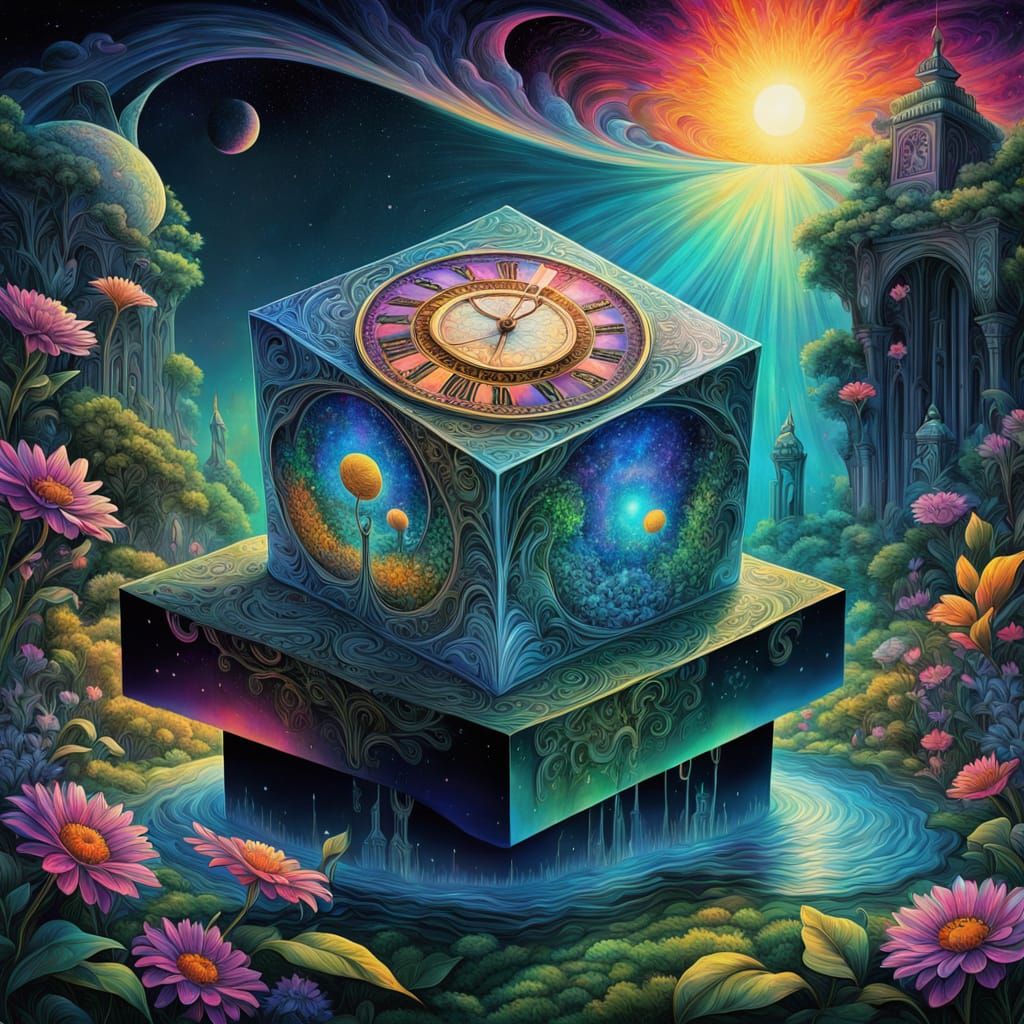Surrealistic Garden Masterpiece with Melting Cube