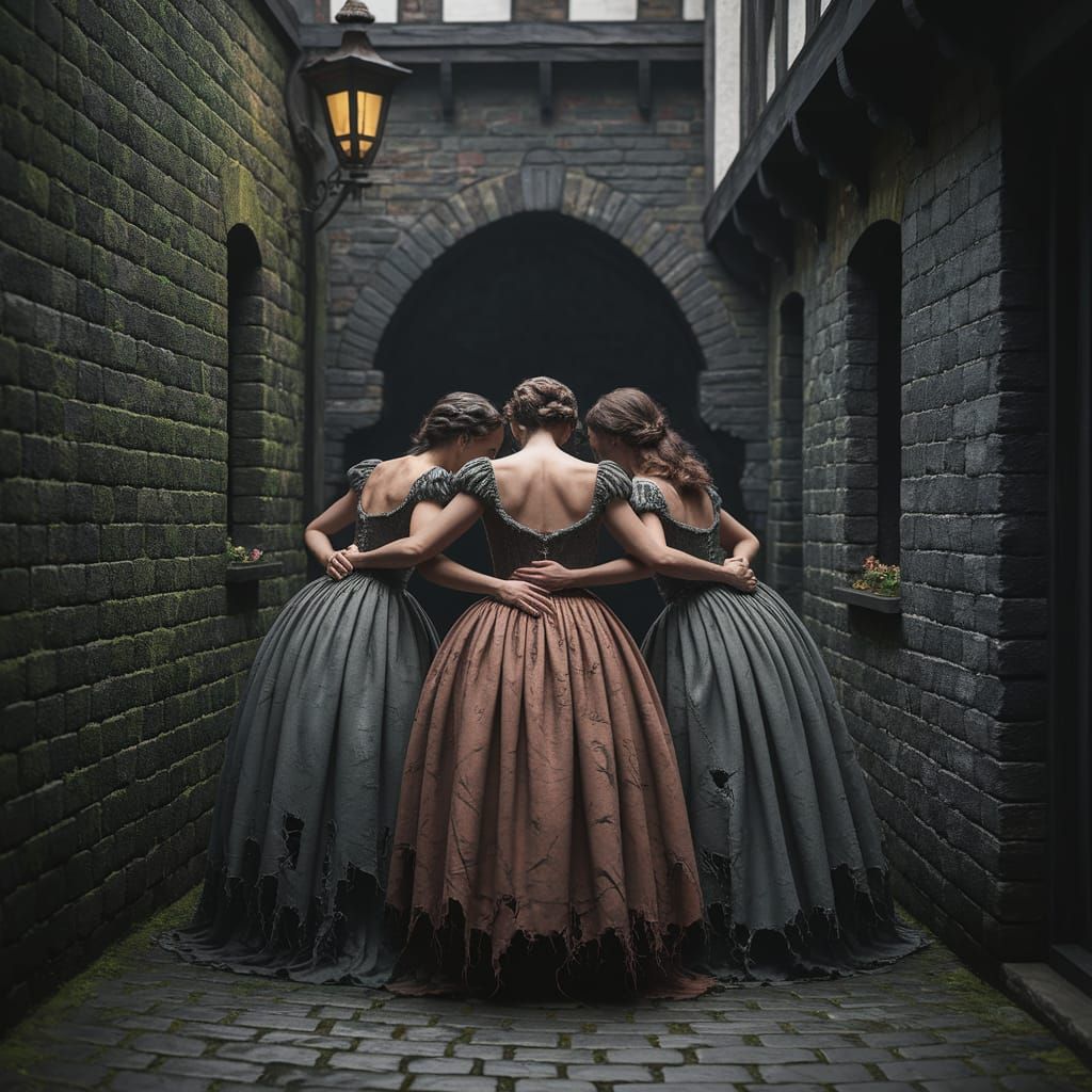 Shadowy Ladies in Ragged Gowns in 18th Century Alley