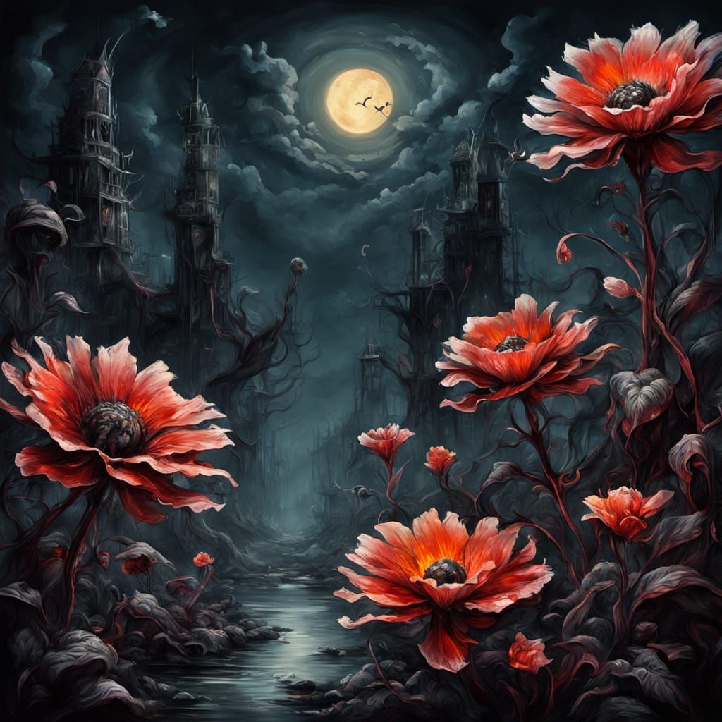 Surreal Floral Painting of Post-Apocalyptic Midnight