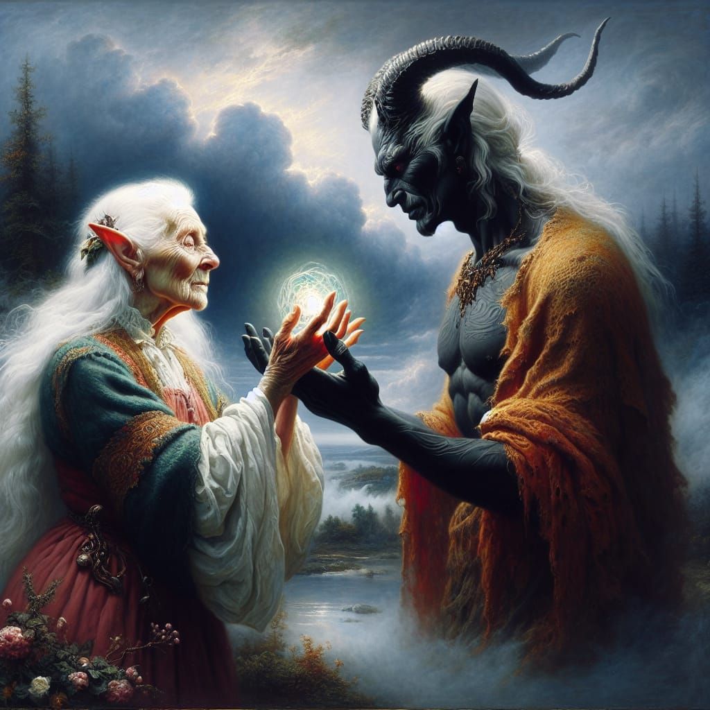 Elder Elf's Prophecy: A 19th-Century Fantasy Scene