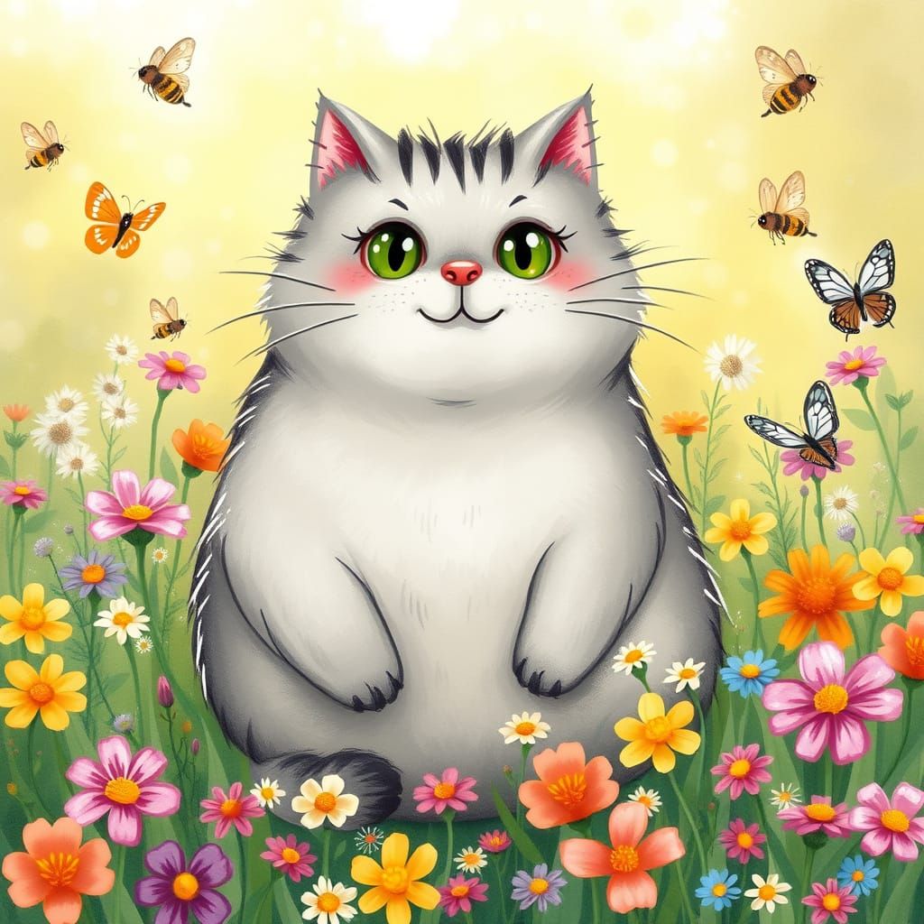 Whimsical Feline in a Lush Meadow