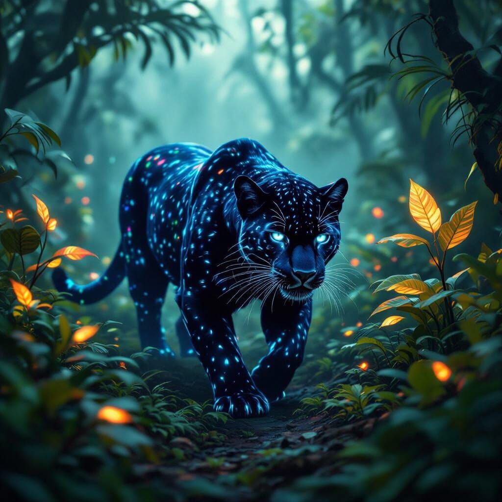 Bioluminescent Panther in Alien Jungle, Surreal Art