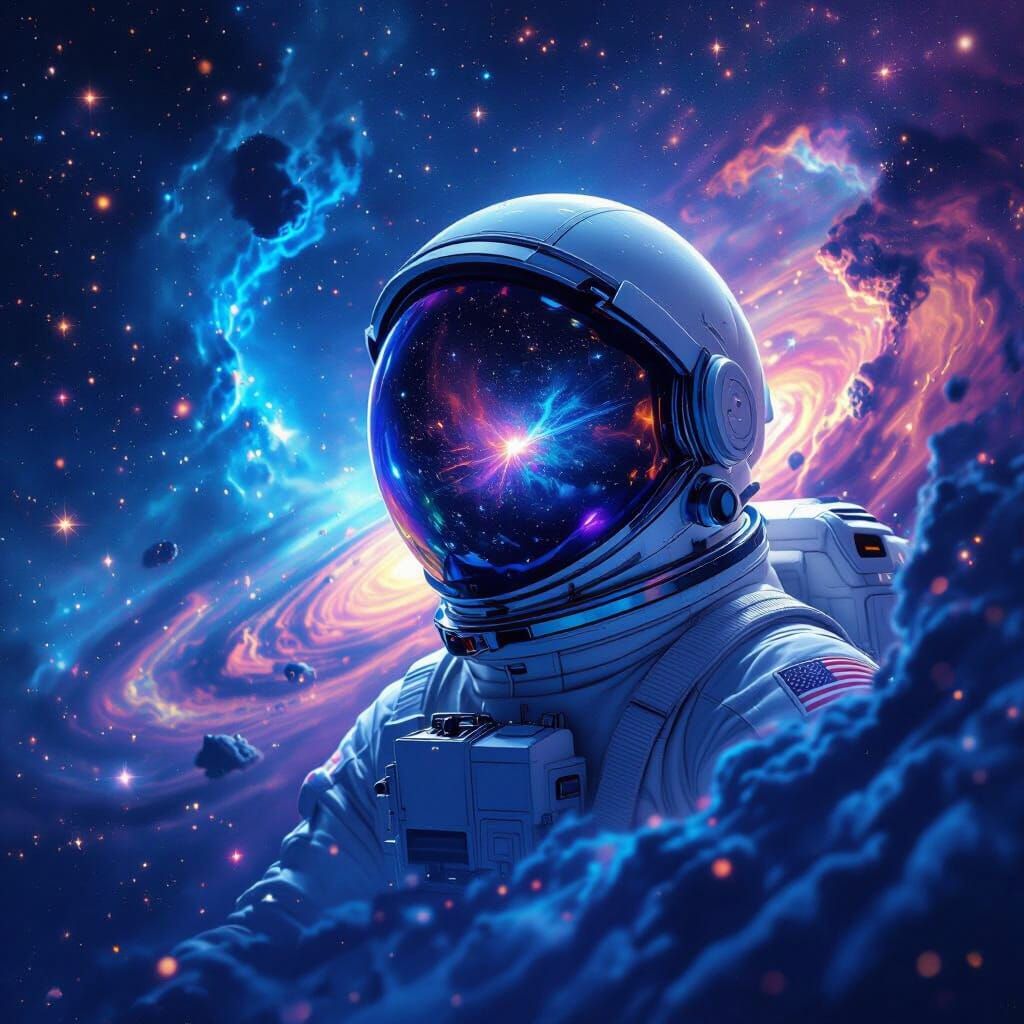 Astronaut Adrift in Nebula Reflecting Alien World