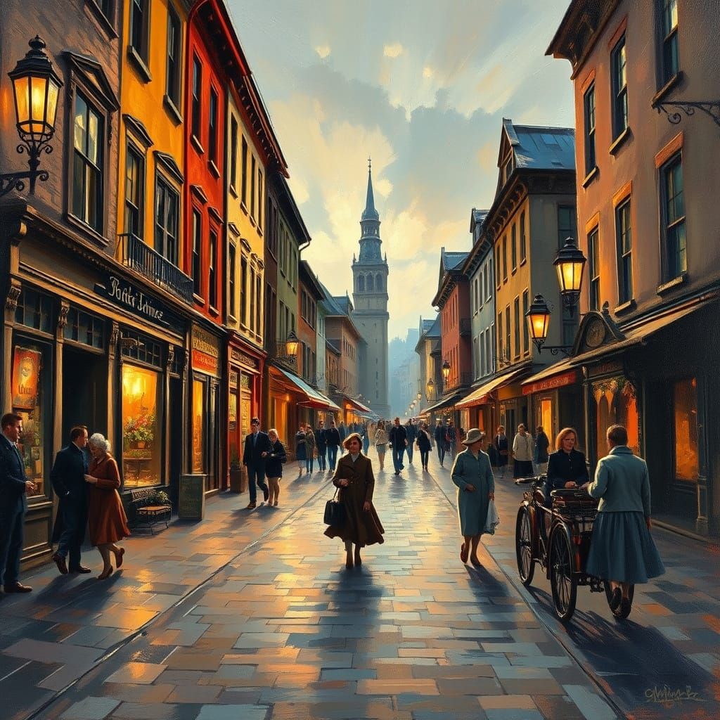 Vintage Townscape at Dusk in Neo-Impressionist Style