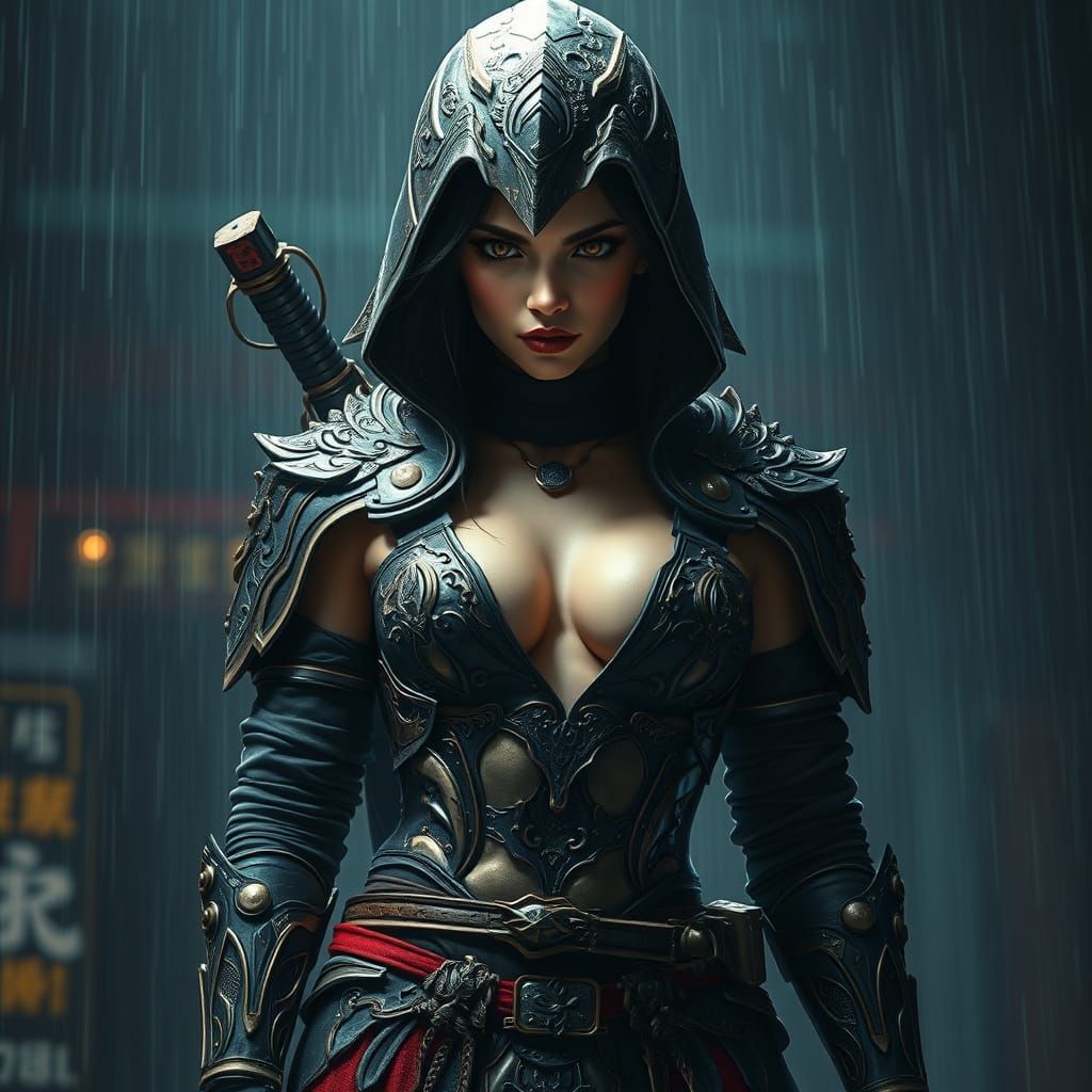 Futuristic Ninja in Rain, Hyperrealistic Film Noir