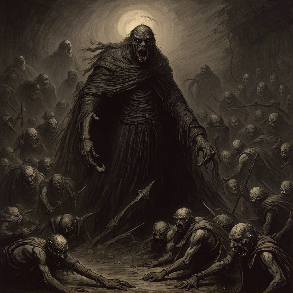 Dark Rage Horror Scene in Engraving Style