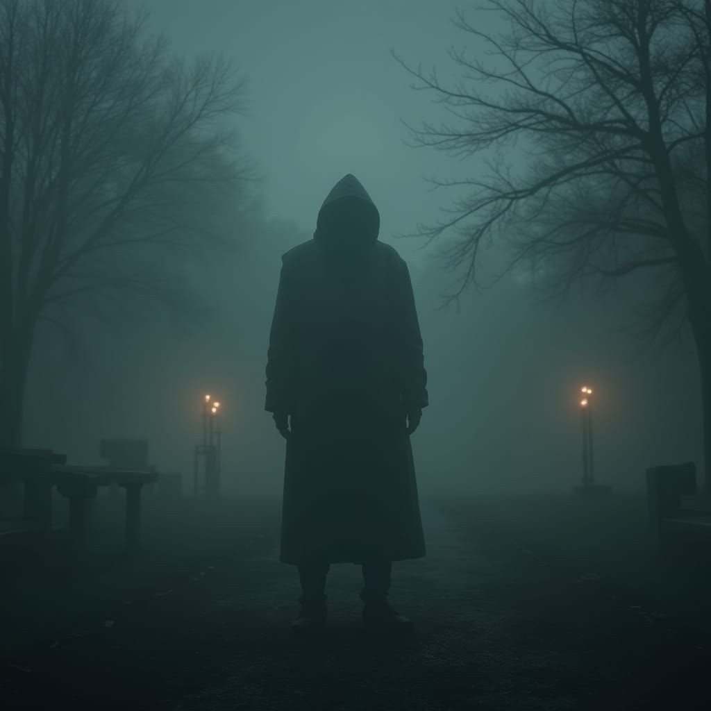 Mysterious Man in Foggy Playground with Eerie Lights