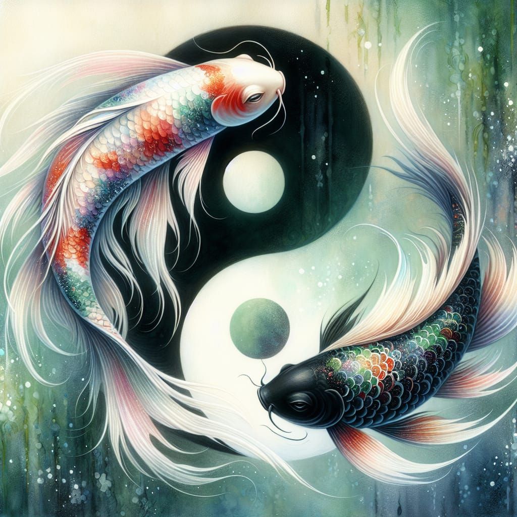 Yin Yang Koi Carp in Japanese Watercolor Style
