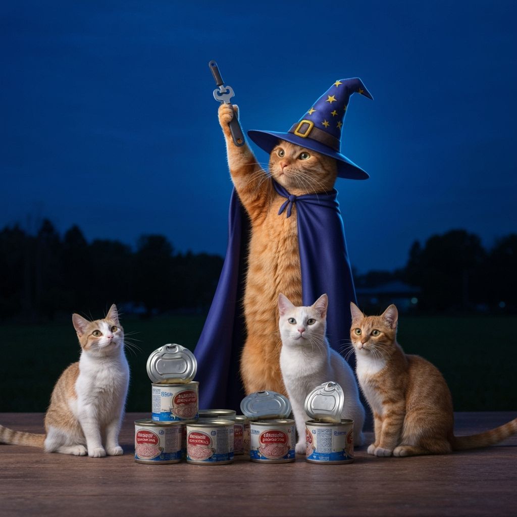 Wizard Cat With Can Opener Illuminates Tuna Feast
