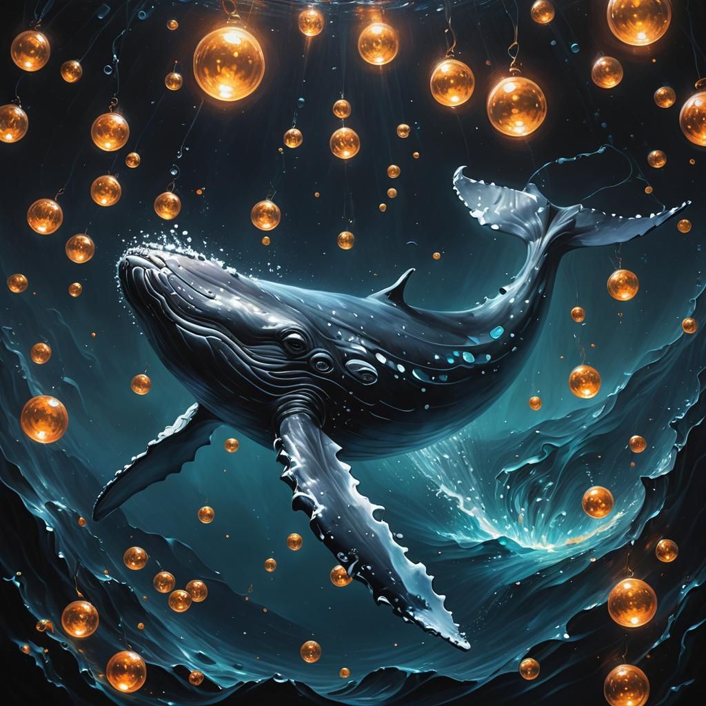 Whale in Dark Ocean with Glowing Spheres