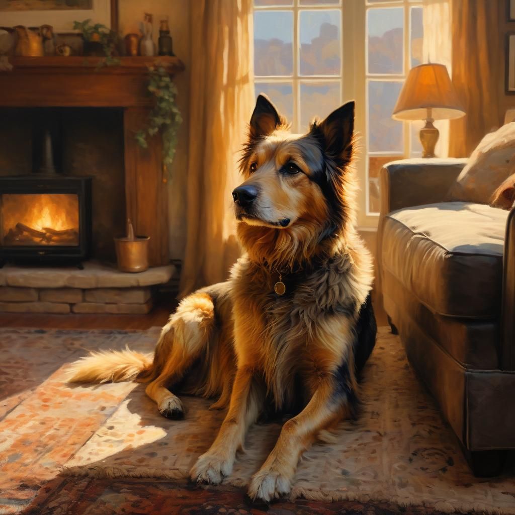 Cozy Living Room Scene with a Gentle Dog in Impressionist St...