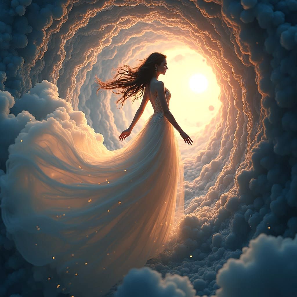 Woman in Gown Flies Through Space: Matte Painting