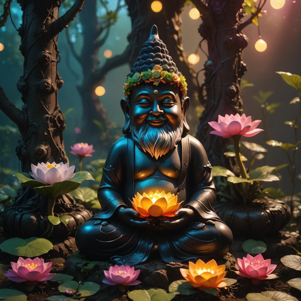 Gnome Buddha in Mystical Garden, Pop Art