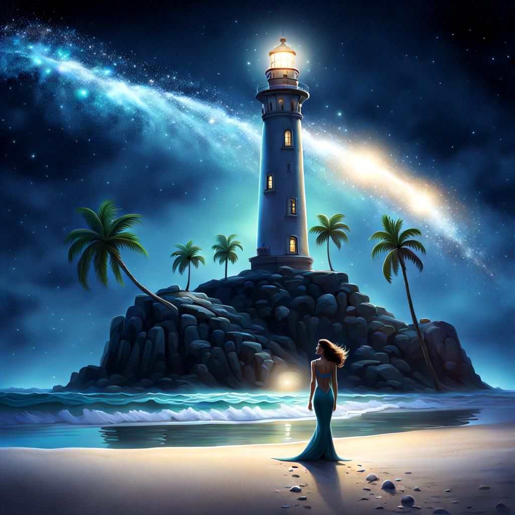 Lighthouse on Fantasy Beach with Mermaid in Storybook Style