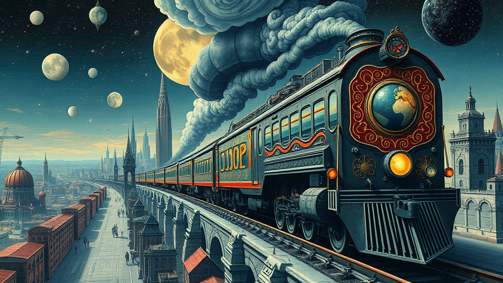 Mystical Train in Surreal Cityscape as Surrealist Illustrati...