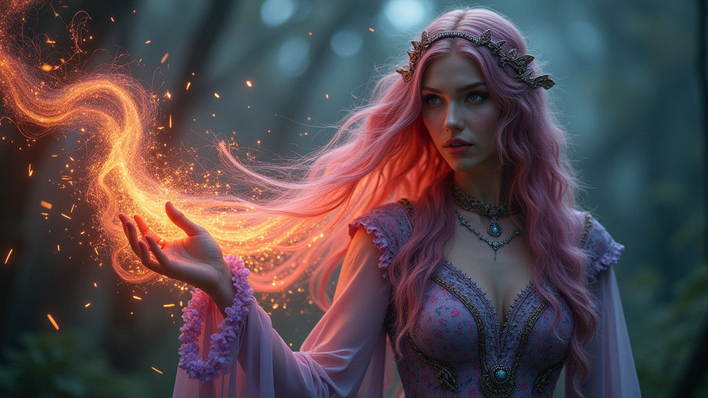 Medieval Lady with Magical Hair in Neon Lighting